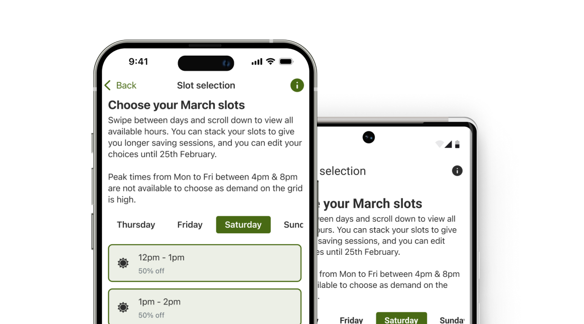mobile phone displaying choose slots screen