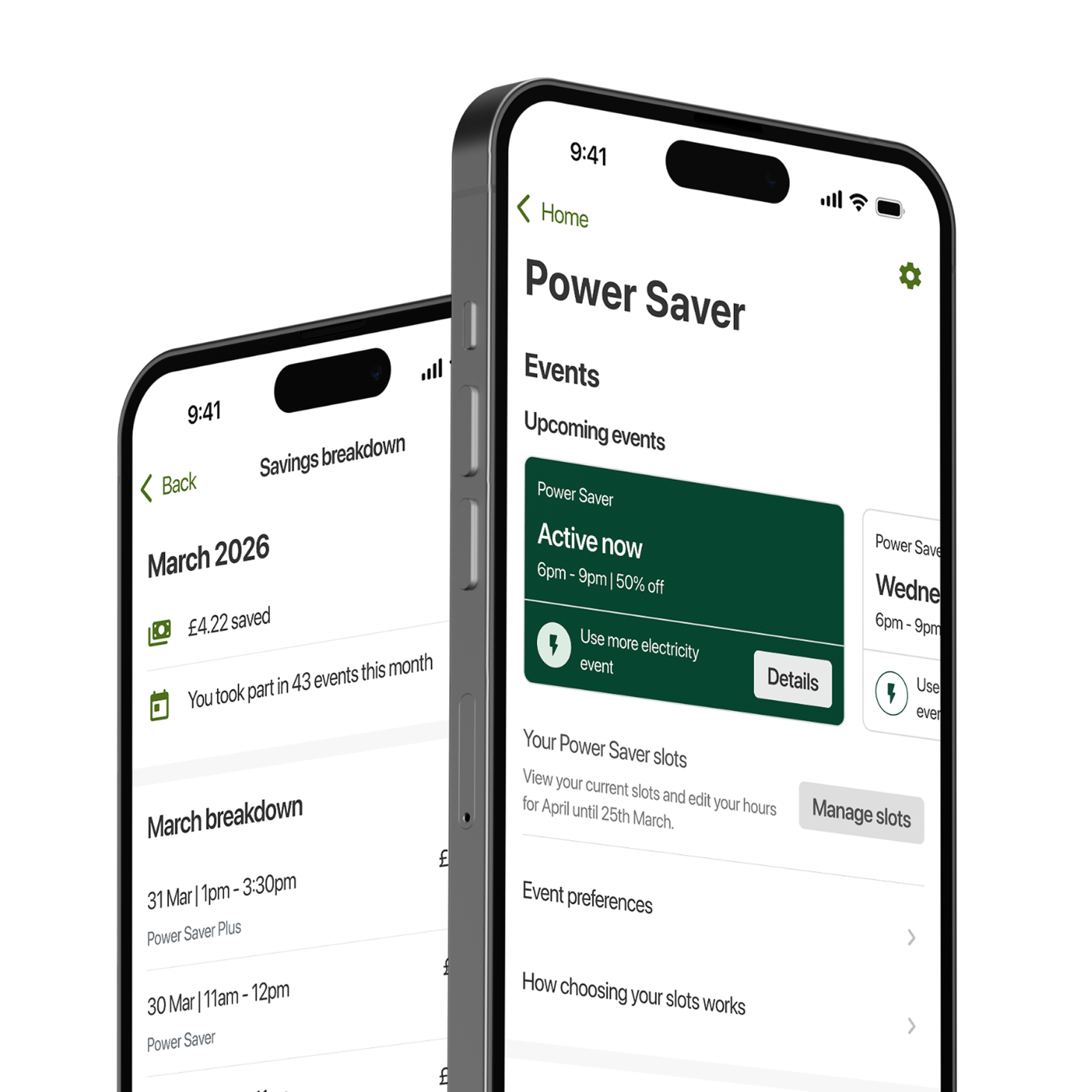 Image of an phone showcasing two different Power Saver screens on the app