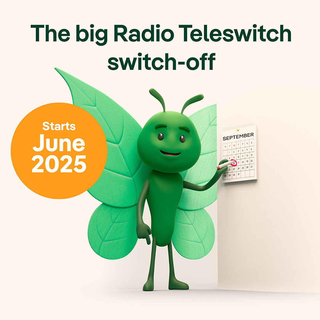 The big Radio Teleswitch switch-off starts June 2025 - Bruce the butterfly marking a calendar that says September