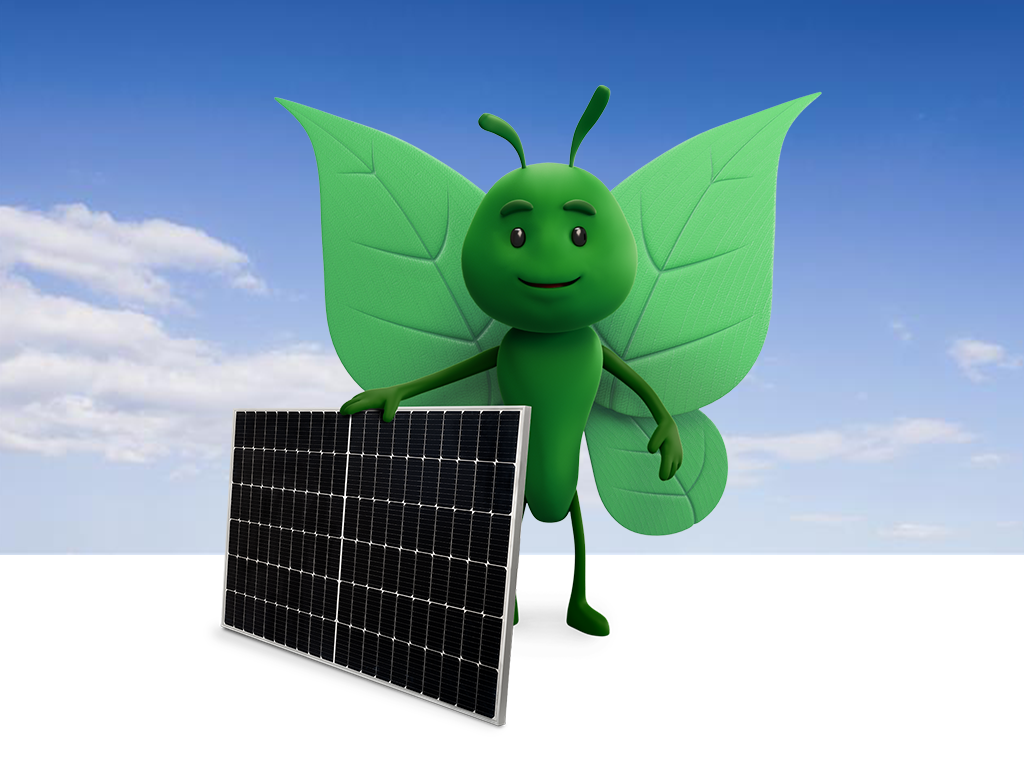 Bruce the butterfly holding solar panel