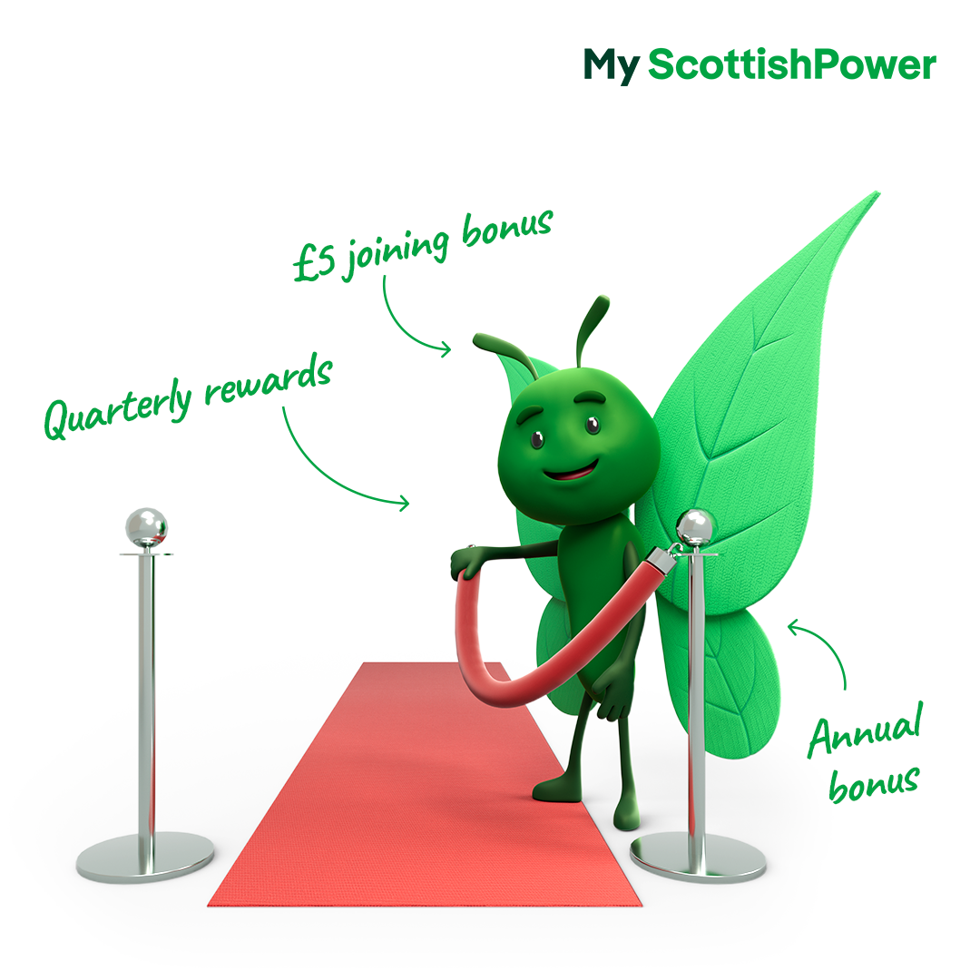 Bruce the butterfly opening a VIP access barrier to a red carpet, with the My ScottishPower rewards logo in the top right. Text on the image highlights quarterly rewards, £5 joining bonus, and annual bonus.