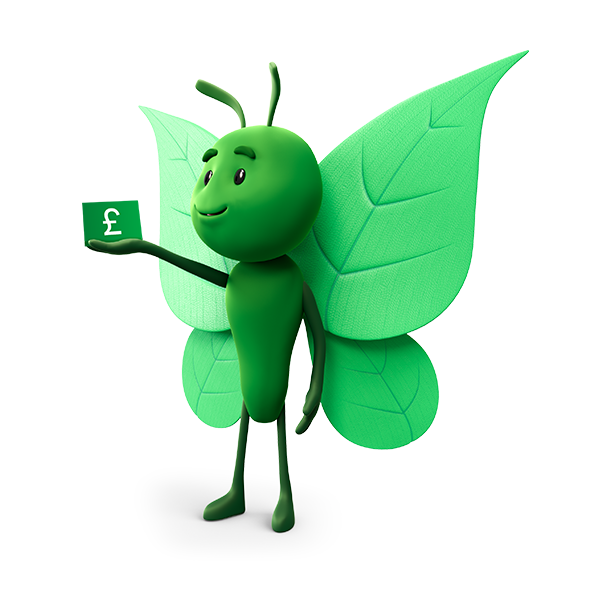 Bruce the green butterfly holding a gift card
